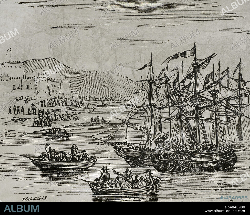 Guerra anglo-española (1796-1802), enmarcada dentro de las Guerras Revolucionarias Francesas. España y Francia declararon la guerra a Inglaterra. Toma de Menorca (1798). El 7 de noviembre de 1798 un contingente británico, al mando del capitán sir James Stuart, desembarcó en Adaya, en el municipio de Mercadal, al noreste de la isla de Menorca. Tras diez días de combate, los ingleses tomaron la isla. Pérdida de Menorca. Grabado. "Historia del Levantamiento, Guerra y Revolución de España, por el Conde de Toreno. Madrid,1851.