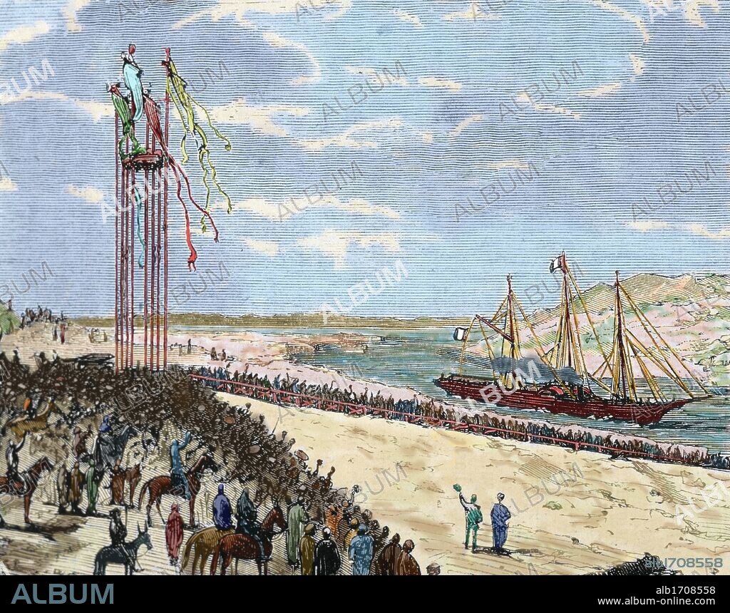 EGIPTO. ISTMO DE SUEZ. Llegada del "Aguila" a Ismailia. Grabado coloreado del año 1870.
