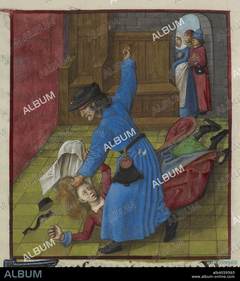 JEAN DE MEUN. Detail of a miniature of a jealous husband beating his wife until her hair and clothes fly about, while spectators watch from the doorway. Roman de la Rose. Netherlands, S. (Bruges). c. 1490-c. 1500. Source: Harley 4425 f.85. Language: French.