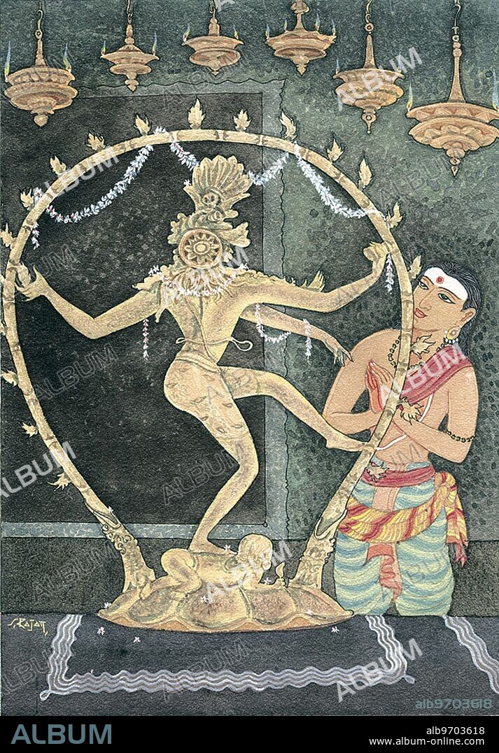 India: temple - devotee - Lord of Dance - Siva Nataraja - anjali mudra - Dancing with Siva - Artist S. Rajam - Hindu belief - Hindu - Hinduism - art - Himalayan Academy art - Nataraja - murti - flowers - garland - devotion - lamp - night - Shiva - Siva - Supreme God - India - Indian art - Hindu art - religion - Hindu religion.