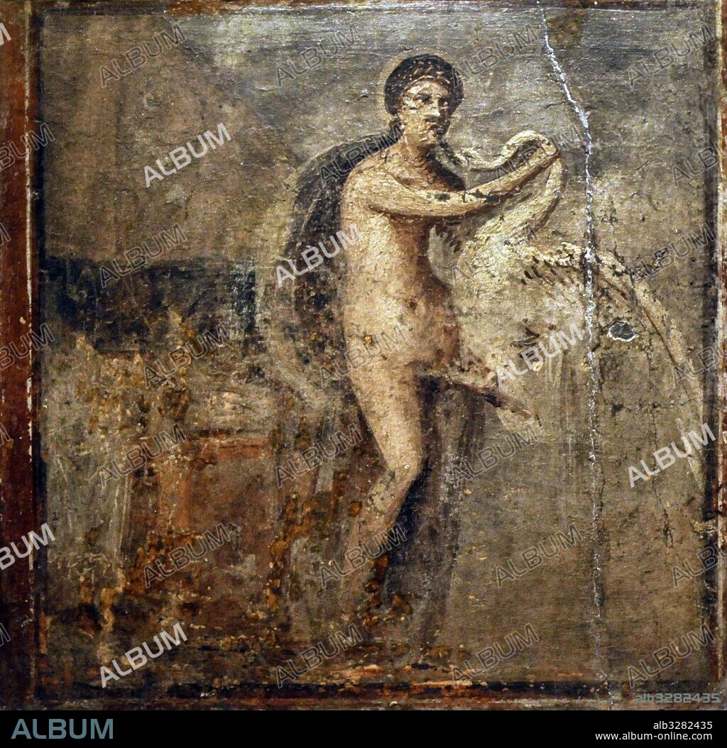 Leda, esposa del rey Tindáreo y seducida por Zeus, trasnformado en cisne. Fresco romano del mito griego. Herculano. 50-79 d. C. Museo Arqueológico Nacional. Nápoles. Italia.