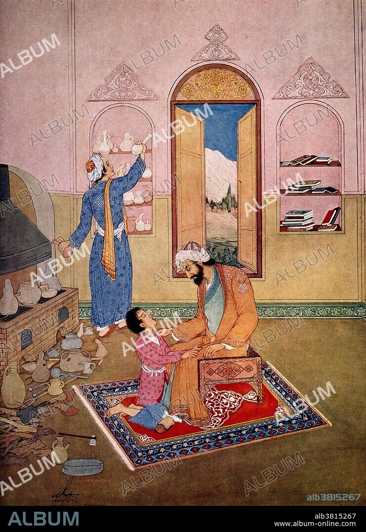 Rhazes examining a kneeling boy who has his mouth wide open. They are in a surgery full of equipment. Muhammad ibn Zakariya al-Razi (865-925 AD) was a Persian polymath. A prominent figure in the Islamic Golden Age, physician, alchemist, chemist, philosopher and scholar. He made fundamental and enduring contributions to the fields of medicine, alchemy, music, and philosophy, recorded in over 200 books and articles in various fields of science. He was well-versed in Persian, Greek and Indian medical knowledge and made numerous advances in medicine through own observations and discoveries. He was an early proponent of experimental medicine and has been described as the father of pediatrics for writing, The Diseases of Children, the first book to deal with pediatrics as an independent field of medicine. He became chief physician of Rey and Baghdad hospitals. His development of apparatus such as mortars, flasks, spatulas and phials, which were used in pharmacies until the early 20th century. An eye affliction started with cataracts and ended in total blindness. He refused to be treated and told a student he would die soon. He died several days later at the age of 60.