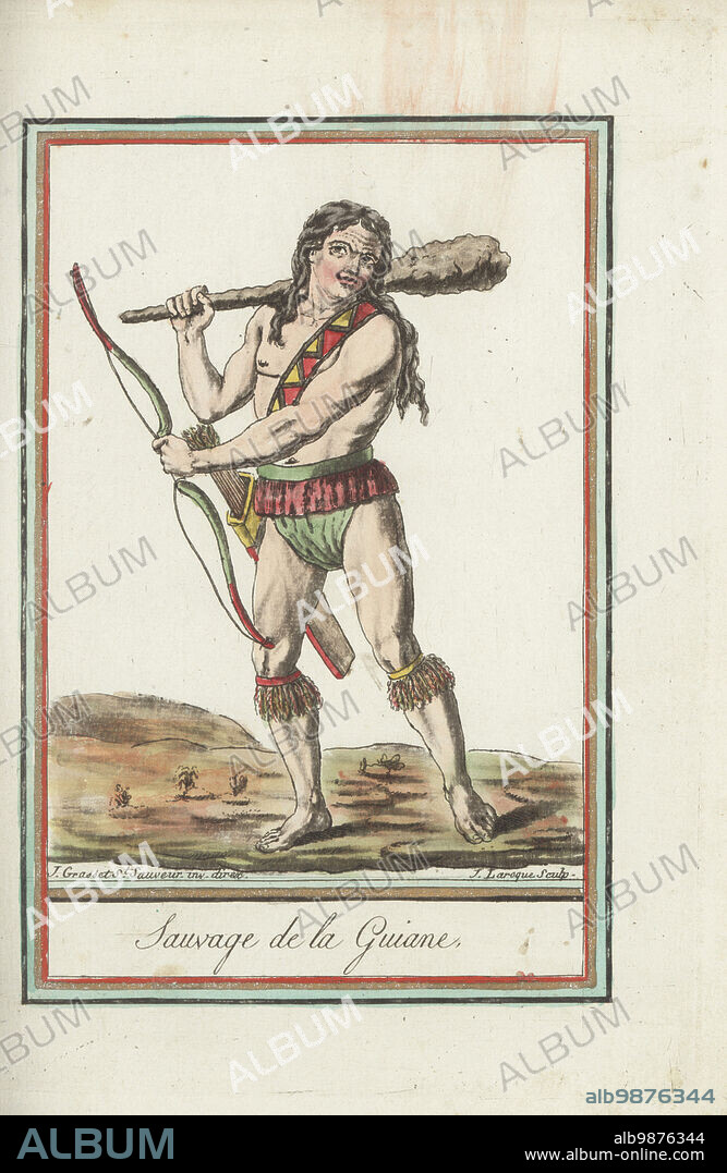 Man of the Kalina or Carib people, French Guiana, South America. In loincloth or camiza, armed for hunting or battle with ironwood club or putu, bow and quiver of arrows. Sauvage de la Guiane. Handcoloured copperplate engraving by J. Laroque after a design by Jacques Grasset de Saint-Sauveur from his Encyclopedie des voyages, Encyclopedia of Voyages, Bordeaux, France, 1792.