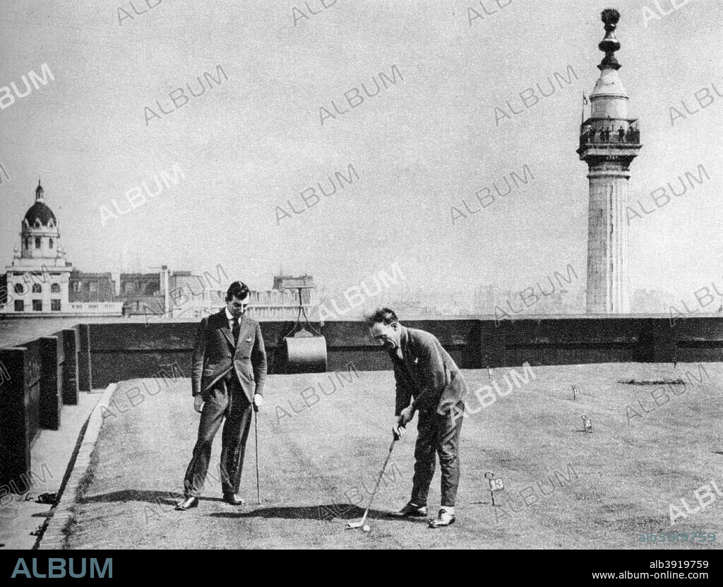 A putting green on the roof of Adelaide House, near London Bridge, London, 1926-1927. From Wonderful London, volume II, edited by Arthur St John Adcock, published by Amalgamated Press (London, 1926-1927).