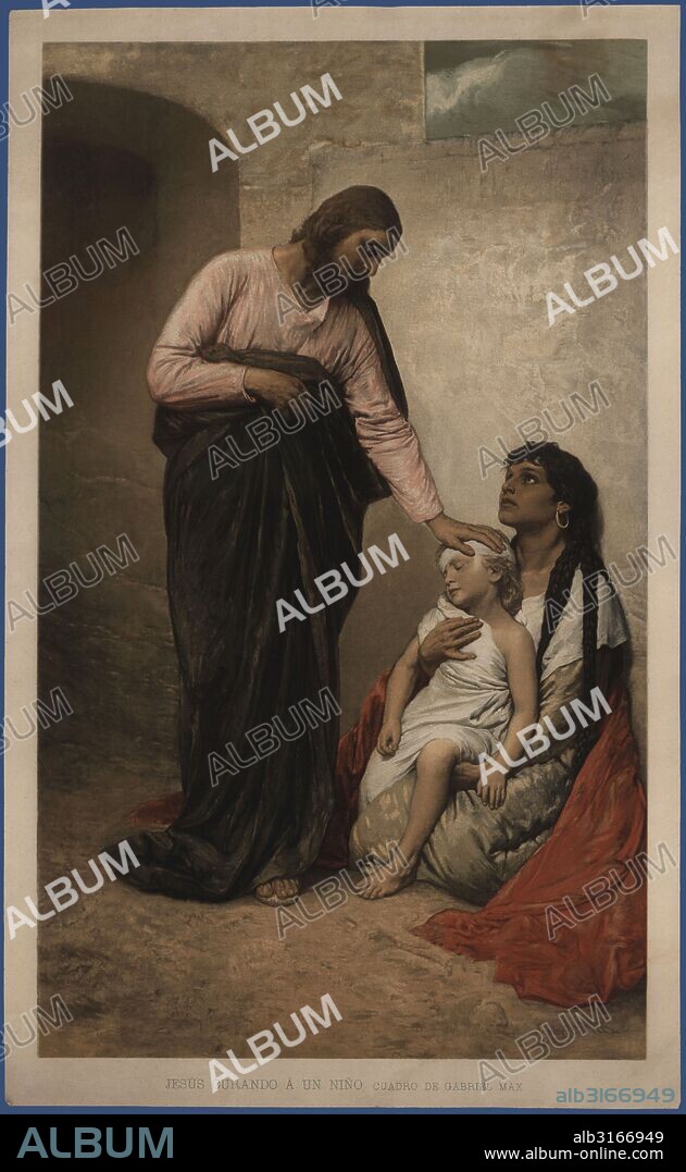 Jesús curando a un niño. Reproducción de una obra de Gabriel Cornelius Max (1840-1915), pintor checo de origen austríaco.