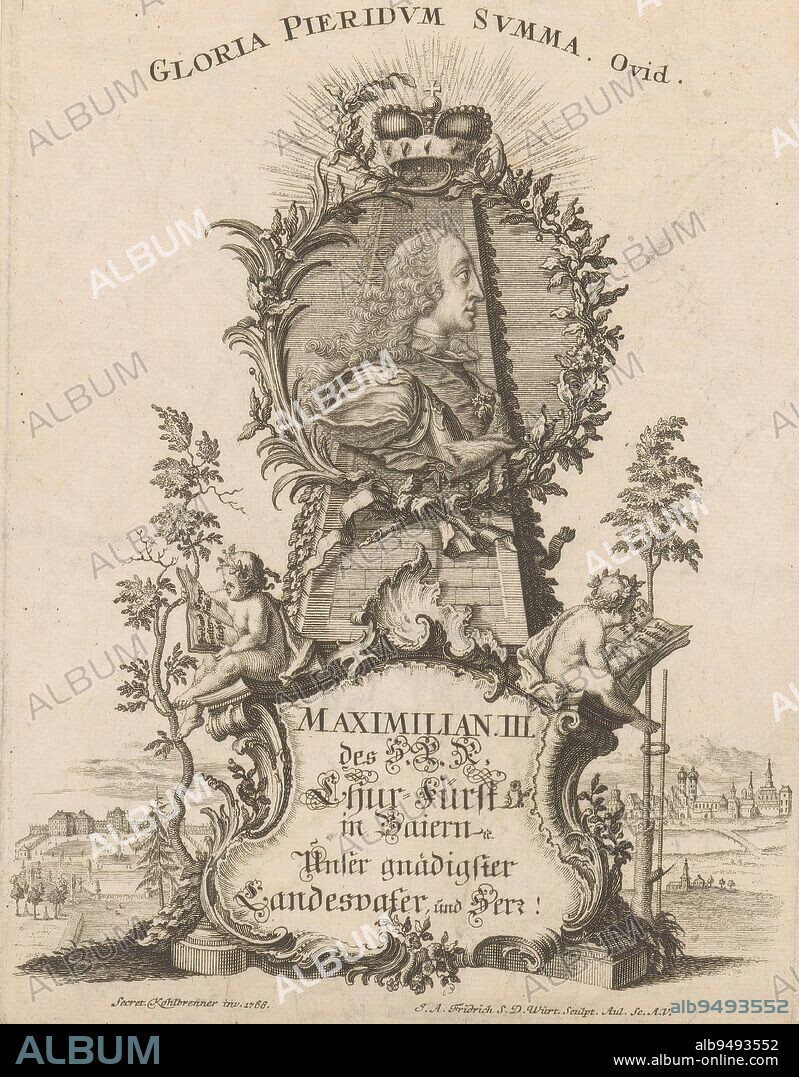 Portrait of Maximilian III Joseph, Jacob Andreas Fridrich (II), after Johann Franz Seraph Edler Kohlbrenner, 1766, print maker: Jacob Andreas Fridrich (II), (mentioned on object), Johann Franz Seraph Edler Kohlbrenner, (mentioned on object), Augsburg, 1766, paper, engraving, etching, h 198 mm - w 151 mm.