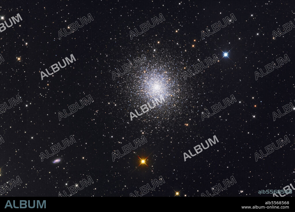 Messier 13, also known as the Hercules Globular cluster. At its distance of 25,100 light years, its angular diameter of 20 degrees corresponds to a linear 145 light years. Nearby, about 40 arc minutes north-east of M13, is the faint (mag 11) galaxy NGC 6207. This galaxy has recently produced a type II supernova (SN 2004A).