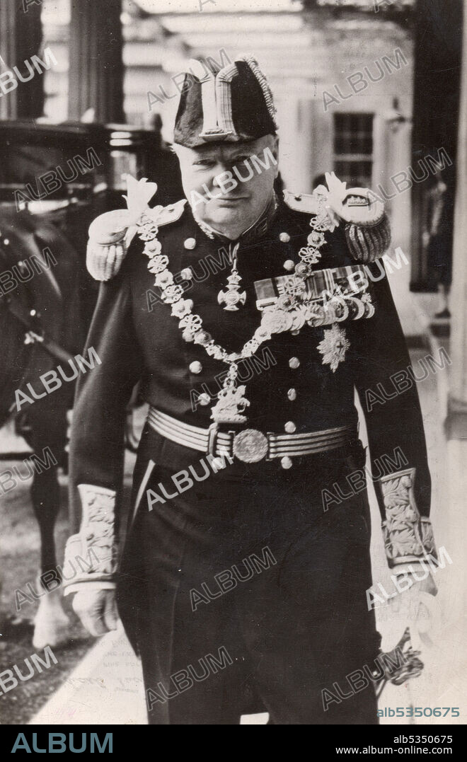 Churchill in Admiral's uniform, 1946. On 14 August 1946, King George VI conferred upon Winston Churchill (1874-1965) the ancient honour of the appointment as Lord Warden and Admiral of the Cinque Ports, in the Courtyard of Buckingham Palace, London.
