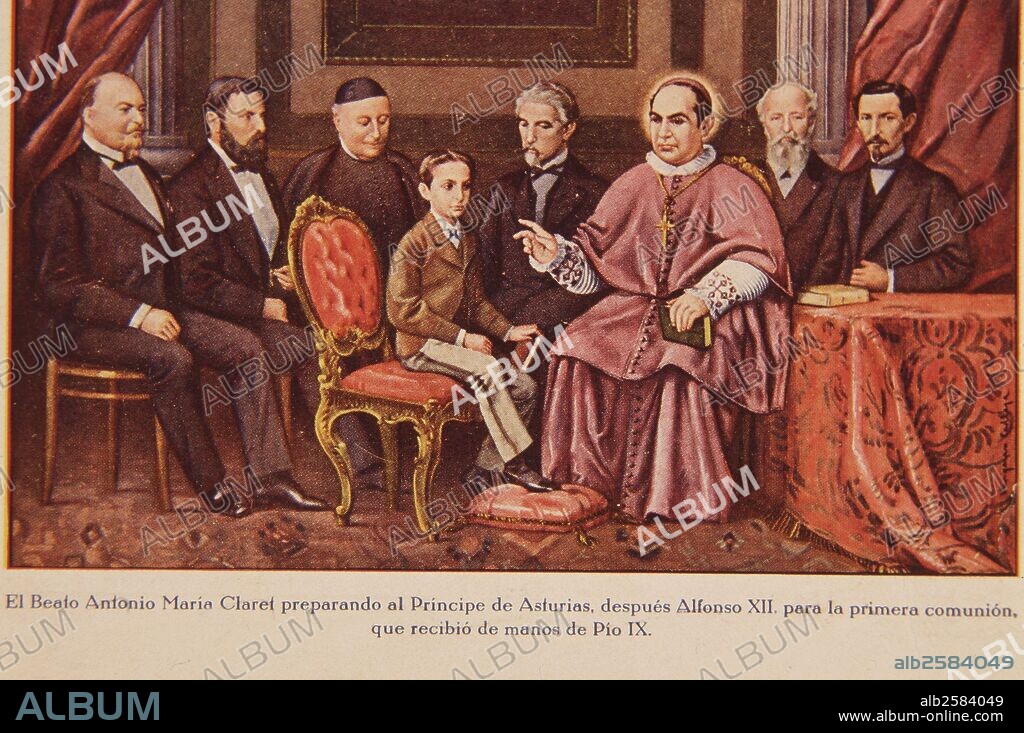 CLARET, SAN ANTONIO MARIA. ESCRITOR Y RELIGIOSO ESPAÑOL. 1807-1870. LITOGRAFIA. PREPARACION PARA LA PRIMERA COMUNION DEL PRINCIPE DE ASTURIAS (ALFONSO XIII).
