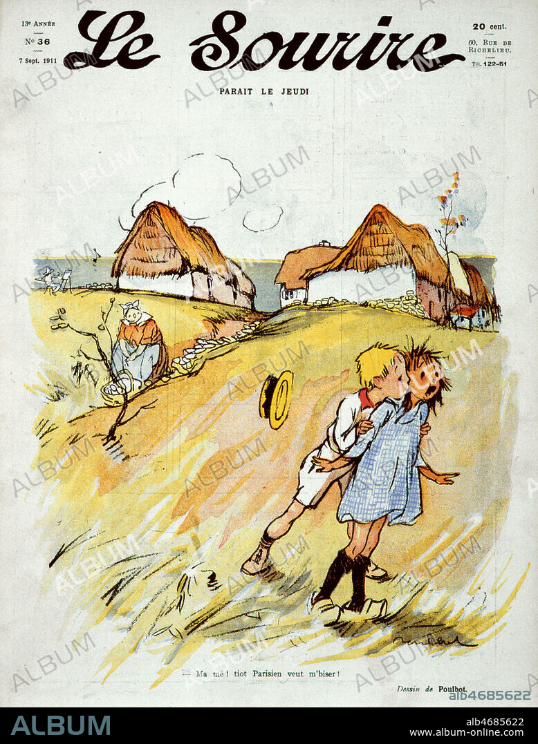Un garcon tente d'embrasser une fillette qui hurle : 'Ma me ! Tiot parisien veut m'biser'. Couverture du Sourire du 07/09/1911 illustree par POULBOT (1879-1946). Credit : Collection KHARBINE-TAPABOR.