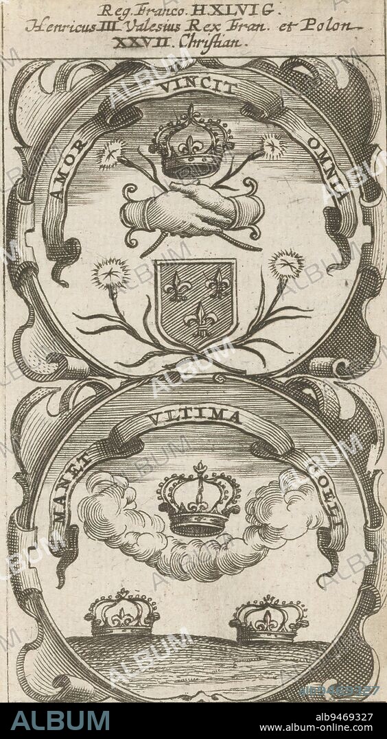 Interlocked hands with French coat of arms / Three crowns, Amor Vincit Omnia / Manet Ultima Coeli (title on object), Symbola Divina et Humana Pontificum Imperatorum Regum (series title), An emblem with two representations. Above two interlocked hands with two flowers and a crown above. Next to it a coat of arms with three French lilies. Below, two crowns lie on the ground. A third crown floats in the clouds. These are currencies of King Henry III of France., print maker: anonymous, after print by: Aegidius Sadeler (II), 1666, paper, engraving, letterpress printing, height 117 mm × width 64 mm.