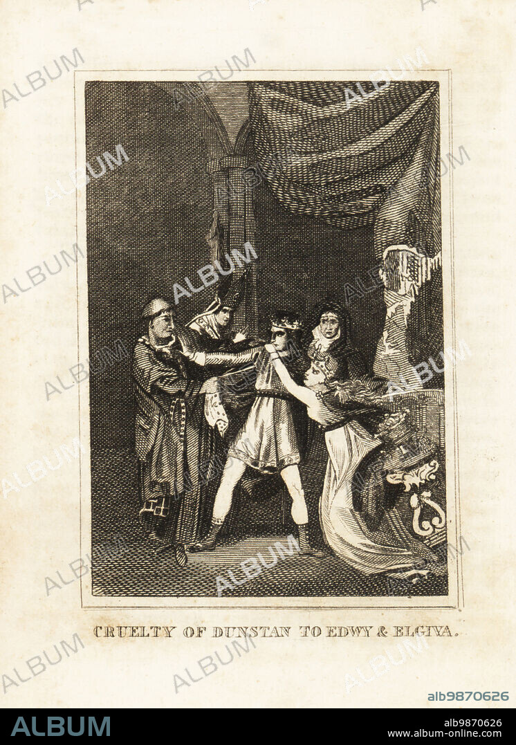 English King Eadwig (940-959) and Aelfgifu separated by bishop St Dunstan, circa 957. Her mother Aethelgifu watching. Cruelty of Dunstan to Edwy and Elgiva. Copperplate engraving from M. A. Jones History of England from Julius Caesar to George IV, G. Virtue, 26 Ivy Lane, London, 1836.