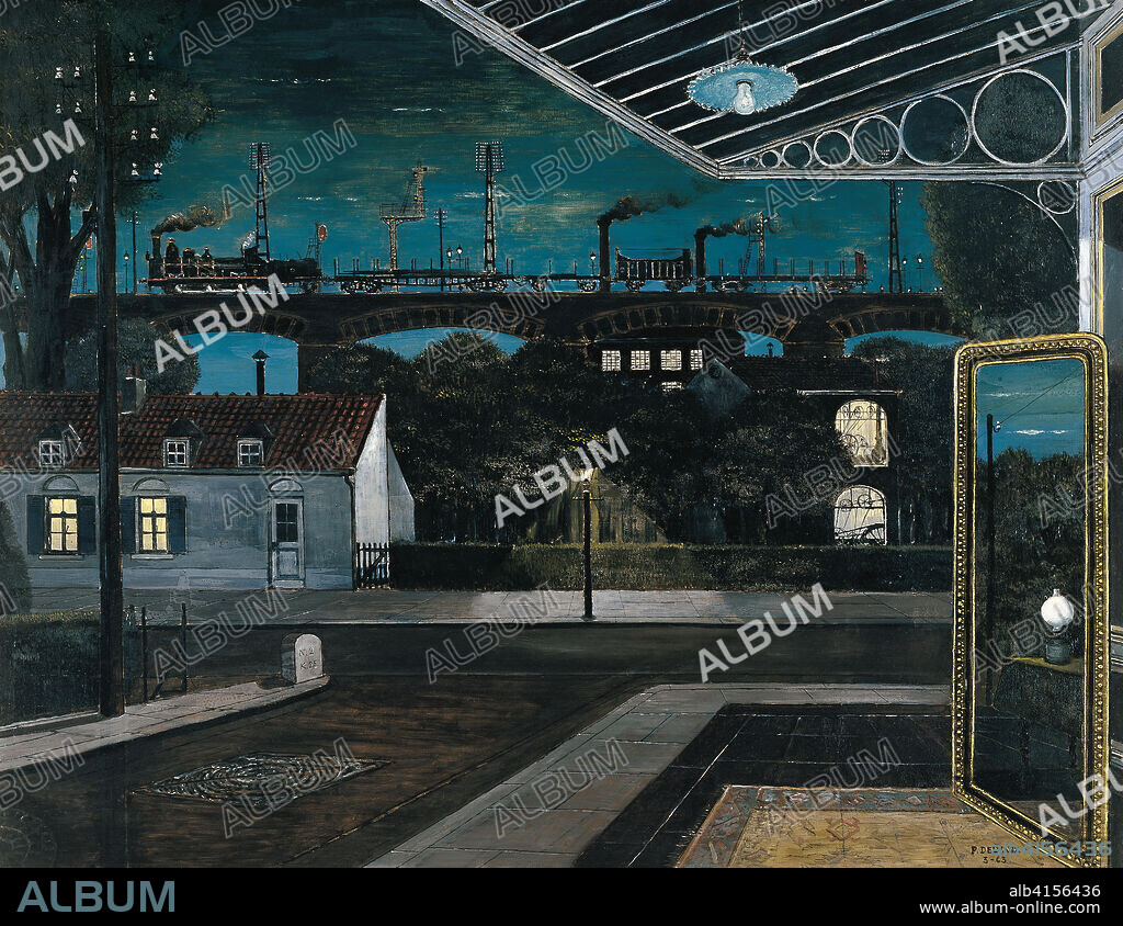 Paul Delvaux (Antheit, 1897-Furnes, 1994). El viaducto (1963). Óleo sobre lienzo. 100,3 x 130,8 cm.