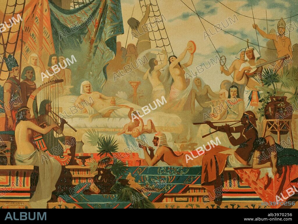 Ancient Egypt. Ptolemaic Kingdom. Cleopatra VII Philopator (69-30 BC) waiting for her lover, the Roman military Mark Antony. Drawing by Dionisio Baixeras (1862-1943). Chromolithography. La Civilizacion (The Civilization), volume I, 1881.