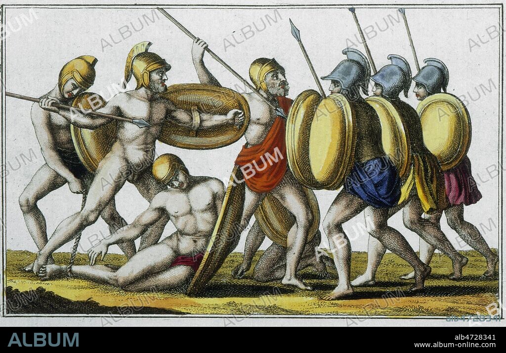 Combat entre les grecs et les troyens. Gravure de 1810. Tableau historique des costumes, des moeurs et des usages des principaux peuples, par Robert SPALLART (18-19 s.). Credit : Collection Grob/KHARBINE-TAPABOR.