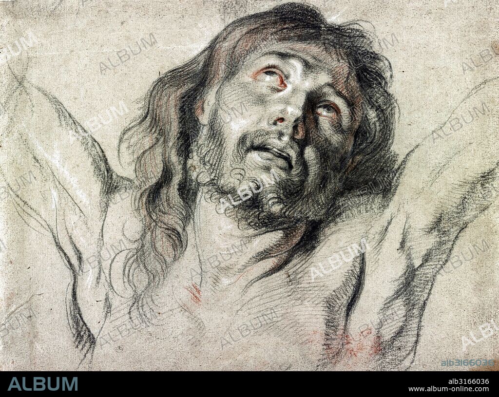 Head of Christ on the cross by Peter Paul Rubens (1577-1640). Drawing : Black chalk with red and white highlights on tan paper that was probably once blue.
