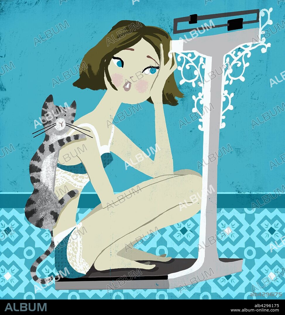 Unhappy young woman with cat on scales as Libra zodiac sign.