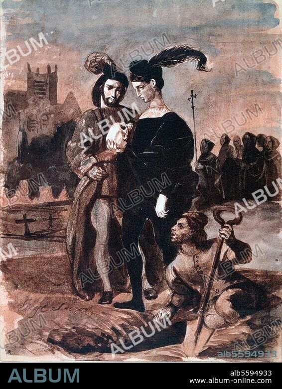 Shakespeare, William. 1564-1614. Work: Hamlet (1600). "Hamlet and Horatio in the Cemetery". (Act V, scene I). Drawing, with watercolour, by Eugene Delacroix (1799-1863).