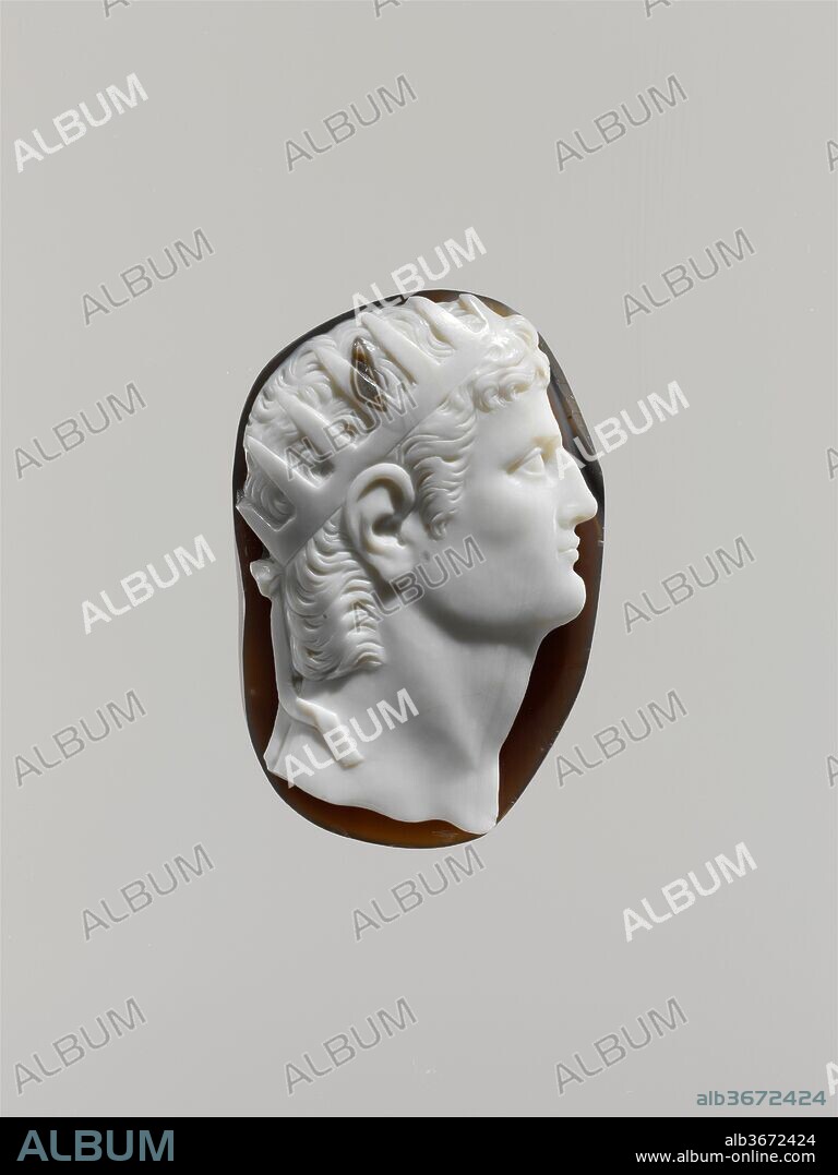 Head of Augustus (Gaius Julius Caesar Octavianus 63 B.C.-14 A.D.) wearing the celestial crown. Culture: probably Italian. Dimensions: Overall: 2 1/2 x 1 5/8 in. (6.3 x 4.2 cm): visible cameo (confirmed): 63.2 x 42.2 x 13.8 mm. Date: 17th-18th century.
This head was copied from an ancient cameo once in the Marlborough collection.