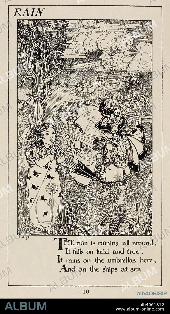 ROBERT LOUIS BALFOUR STEVENSON. 'Rain'. Two girls in a field about to put up their umbrellas to shield themselves from the rain. A Childâ€™s Garden of Verses. London : John Lane, 1896, [1895]. Source: K.T.C.33.a.4, page 10. Language: English.