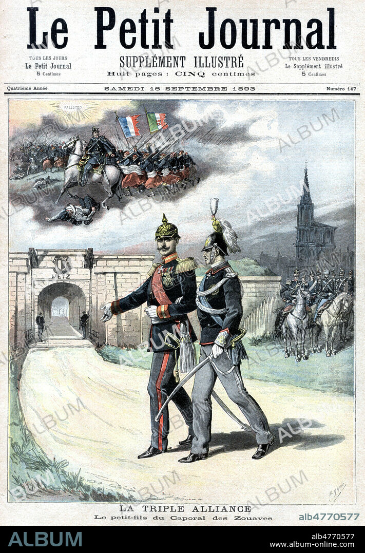 La triple alliance. Le petit fils du caporal des zouaves. GUILLAUME II (1859-1941) et le Prince de Naples (1869-1947) passent en revue l'armee prussienne a Metz. Illustration de Henri MEYER pour Le petit Journal illustre du 16 septembre 1893. Credit : Collection KHARBINE-TAPABOR.