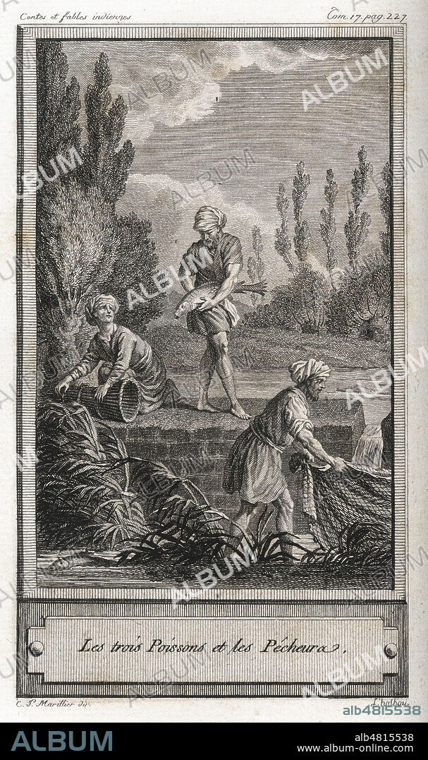 Les trois poissons et les pecheurs. Contes et fables indiennes de BIDPAY Gravure de Clement-Pierre MARILLIER (1740-1808) pour Le Cabinet des Fees de 1785. Credit : Collection Kharbine Tapabor.