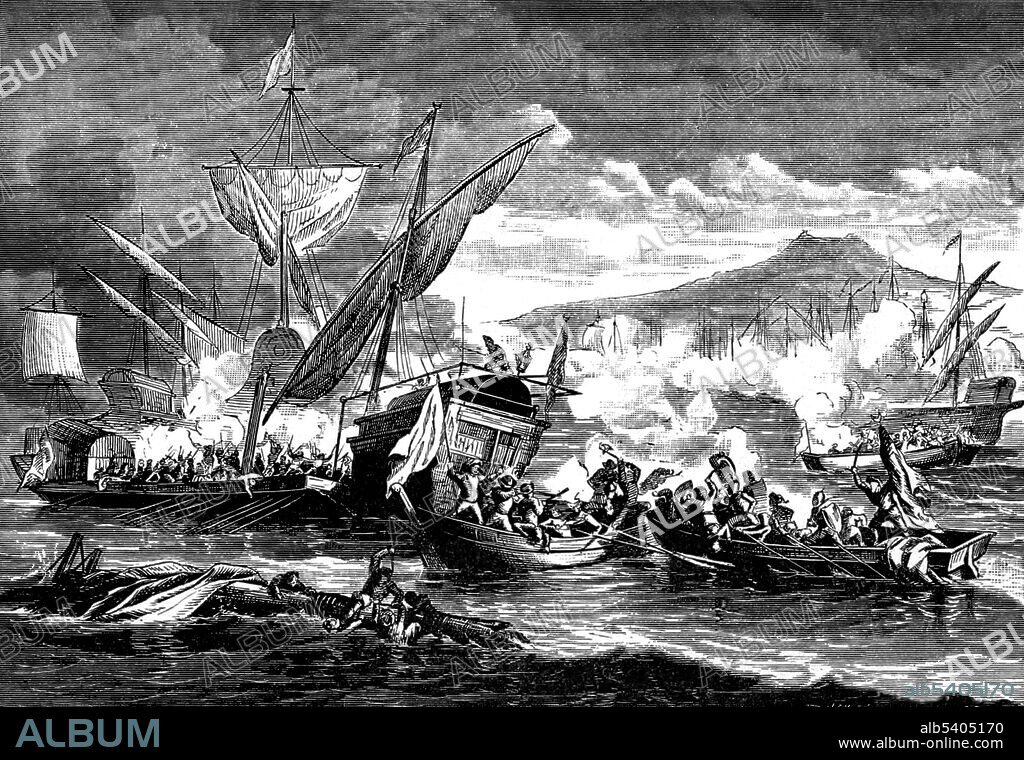 The Battle of Lepanto took place in the Gulf of Corinth on October 7, 1571 when a fleet of the Holy League, a coalition of southern European Catholic maritime states, defeated the main fleet of the Ottoman Empire. Each side had over 200 ships. In five hours of fighting, over 25,000 were killed, wounded or captured, and large numbers of Ottoman ships captured or sunk. Lepanto was the last major naval battle in the Mediterranean fought entirely between galleys and has been assigned great symbolic importance. Naval Battles, Ancient and Modern by Edward Shippen, 1883 (cropped and cleaned).