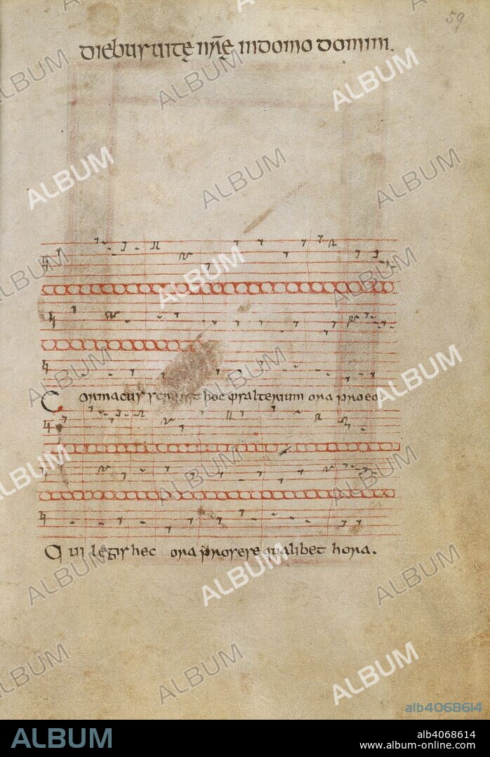 Colophon set to music. Psalter. Ireland?; 12th century. [Whole folio] Colophon of Cormacus set to music in three parts, 'Cormacus scripsit hoc psalterium ora pro eo'  Image taken from Psalter.  Originally published/produced in Ireland?; 12th century. . Source: Add. 36929, f.59. Language: Latin.