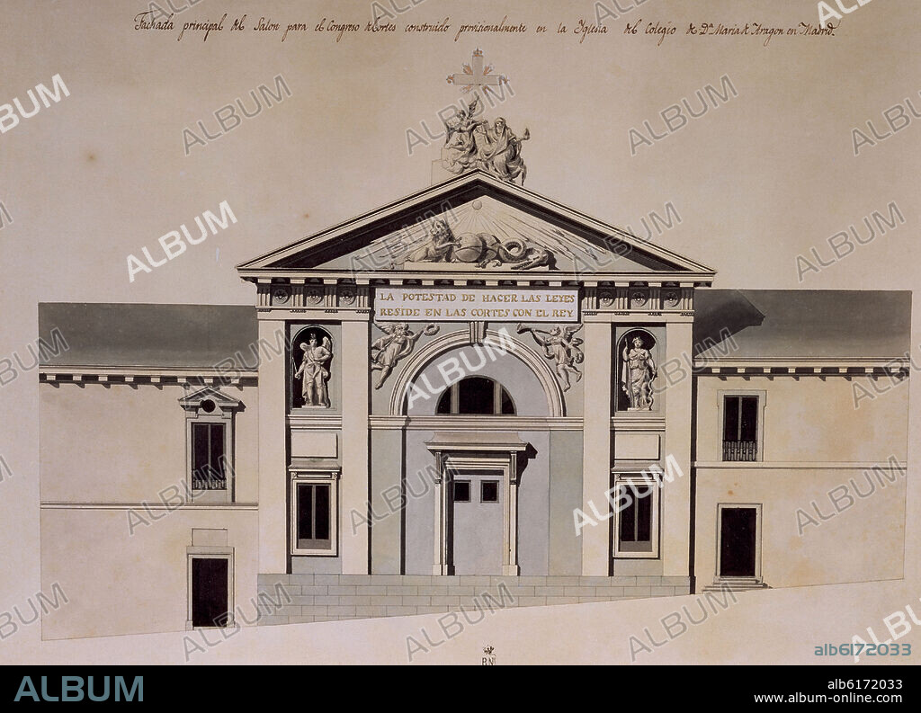 ISIDRO GONZALEZ VELAZQUEZ (1765-1840). ALZADO DE LA FACHADA PRINCIPAL DEL SALON PARA EL CONGRESO DE CORTES EN LA IGLESIA DEL COLEGIO DE DOÑA MARIA DE ARAGON EN MADRID - SIGLO.