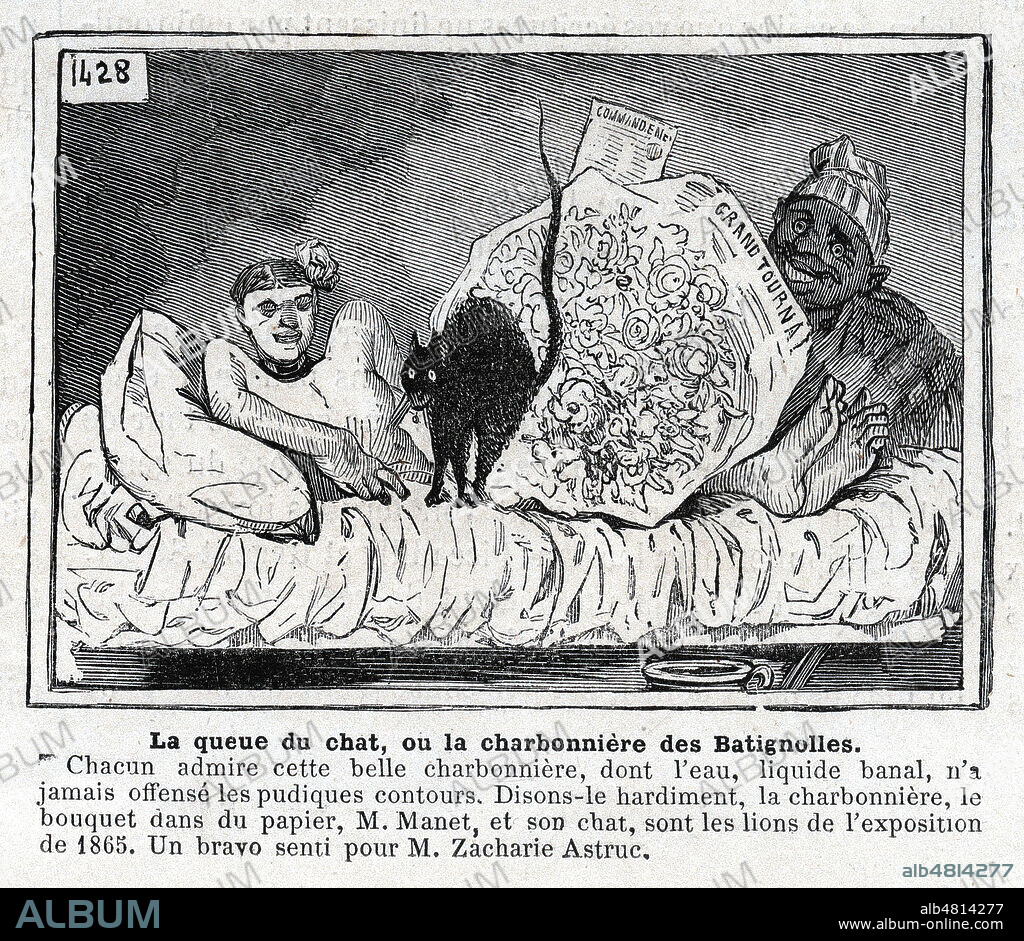 La queue du chat ou la charbonniere dse Batignolles Caricature de BERTALL (1820-1882) sur L'Olympia de Edouard MANET (1832-1883) parue dans L'Illustration du 3 juin 1865. Credit : Collection Kharbine-Tapabor.