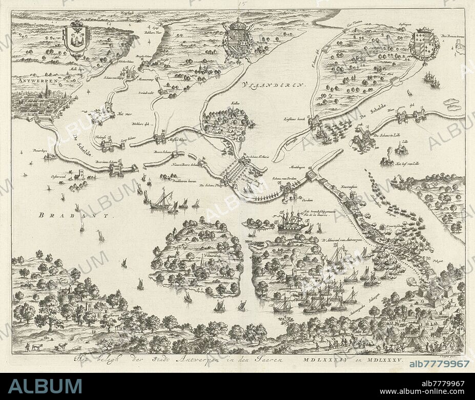 Siege of Antwerp in the years 1584 and 1585 The siege of Antwerp in the years MDLXXXIV and MDLXXXV (title on object), Siege of Antwerp in the years 1584 and 1585. Plan of the surrounding country with the ship bridge built in the middle by the duke of Parma in the Scheldt, the land flooded and, on the right, the fighting around the Kauwenstein dike. Above left the coat of arms of Antwerp. Above, in the middle, the arms of Philip II. Above right the arms of the Duke of Parma, siege, position war, pontoon bridge, Antwerp, Scheldt, Jan Luyken (mentioned on object), Amsterdam, 1680 - 1684, paper, engraving, h 275 mm × w 352 mm.