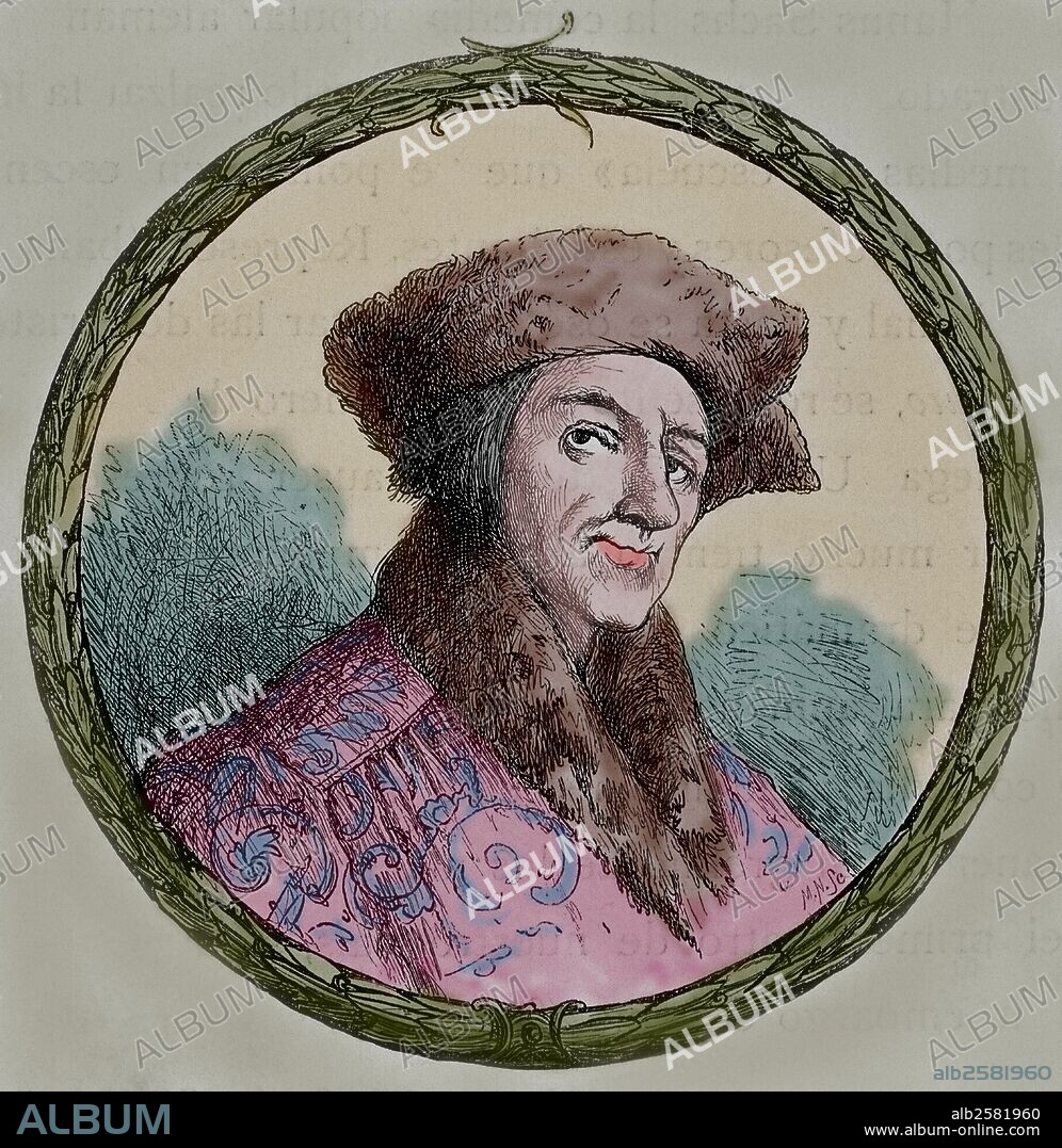 FISCHART, Johann (Estrasburgo,1546-Forbach,1590). Humanista alemán, autorde libelos en contra de la Iglesia Católica y de los Jesuítas. Grabado coloreado.