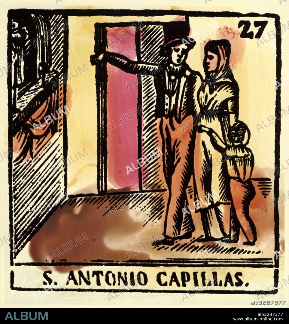 Catalunya. Fiestas y tradiciones populares. Celebración de la fiesta de San Antonio de Padua visitando capillas. Grabado coloreado del siglo XIX.
