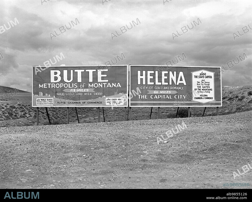 Billboard signs at highway intersection, Three Forks, Montana, USA, Arthur Rothstein, U.S. Farm Security Administration, June 1939.