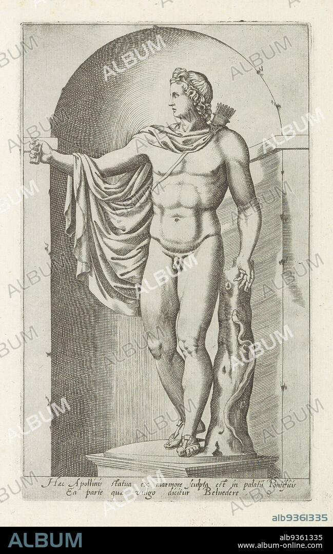 Sculpture of Apollo, Apollo Belvedere, Haec Apollinis statua ex marmore sculpta est in palatij pontificis (...) (title on object), Antique sculptures in Rome (series title), Antiquarum statuarum urbis Romae quae in publicis locis visuntur icones (series title), Caption in Latin. Print is part of an album., print maker: anonymous, publisher: Andrea Vaccari, print maker: Italy, publisher: Rome, 1584, paper, engraving, height 222 mm × width 134 mm.