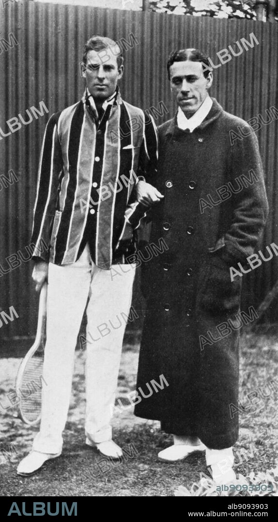A E Wilding & N E Brookes. Anthony (Tony" Frederick Wilding (born October 31, 1883 in Christchurch, New Zealand - died May 9, 1915 near Neuve-Chapelle, Pas-de-Calais, France) was a champion tennis player and a soldier killed in action during World War I. He was the co-World No. 1 in 1911 and 1912 and the World No. 1 player in 1913. Sir Norman Everard Brookes (born November 14, 1877 in Melbourne, Victoria - died September 28, 1968 in Melbourne, Victoria) was an Australian tennis champion and president of the Lawn Tennis Association of Australia. ©TopFoto.