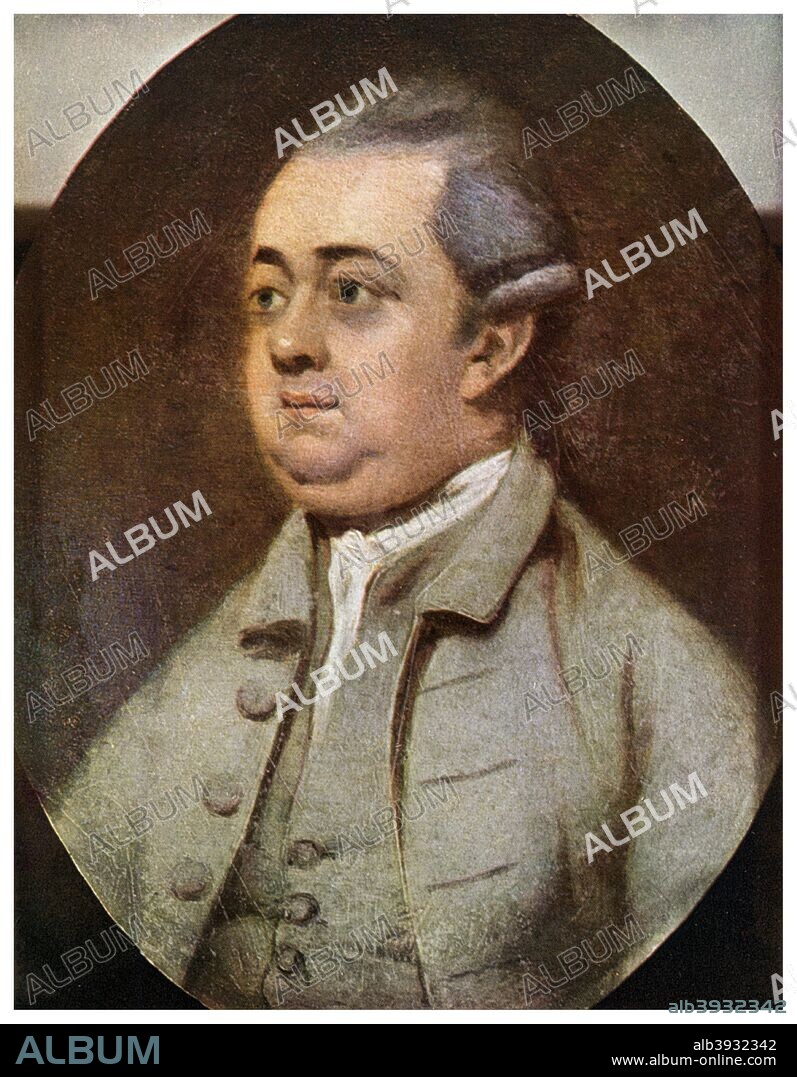 Edward Gibbon, British historian, 1773 (1956). Gibbon (1737-1794) was an influential historian who wrote The History of the Decline and Fall of the Roman Empire. From the National Portrait Gallery, London. A print from People, a volume about the origin and early history of many things, common and less common, essential and inessential, by Readers Union, the Grosvenor Press, London, 1956.