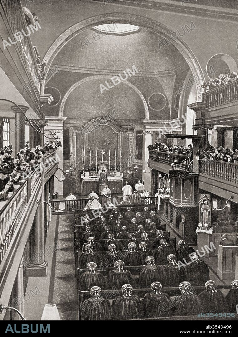 A Red Mass at Sardinia Street Chapel, Lincoln's Inn, London, England in the late 19th century. A mass celebrated annually in the Catholic Church for judges, attorneys, law school professors, students, and government officials. From Living London, published c.1901.