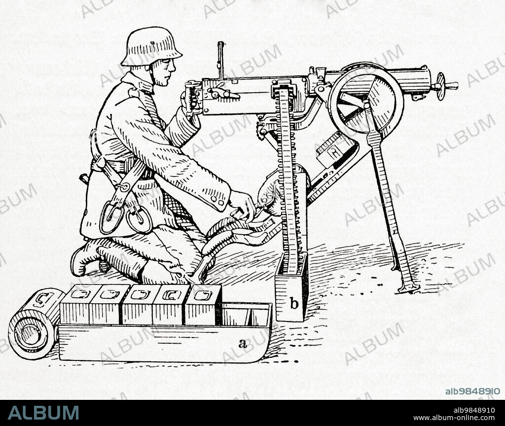 A German soldier operating a Maxim gun during WWI. It was the first recoil-operated machine gun, invented by Hiram Stevens Maxim in 1883. From Meyers Lexicon, published 1927.