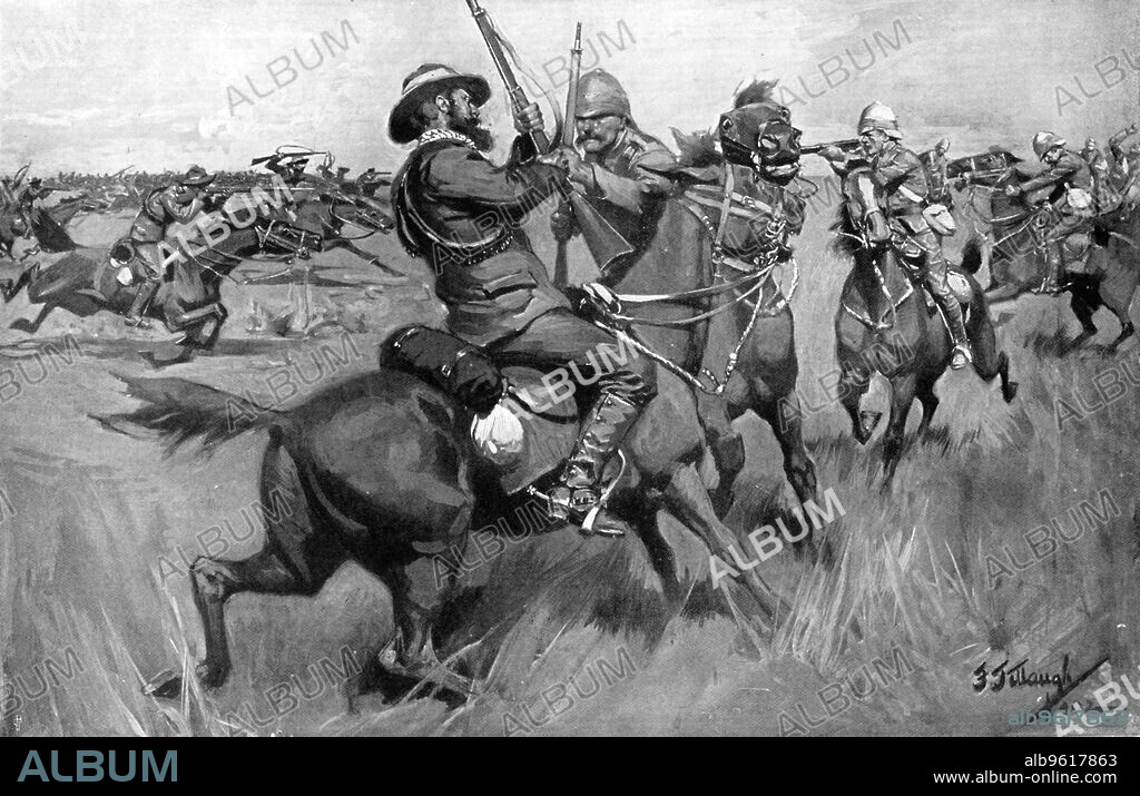 FREDERICK JUDD WAUGH. Battle of Blood River, 2nd Boer War, 17 September 1901. Boers charging Major Gough's force at Blood River. The British were overwhelmed by Botha's Boers who captured much-needed supplies of ammunition and carbines.