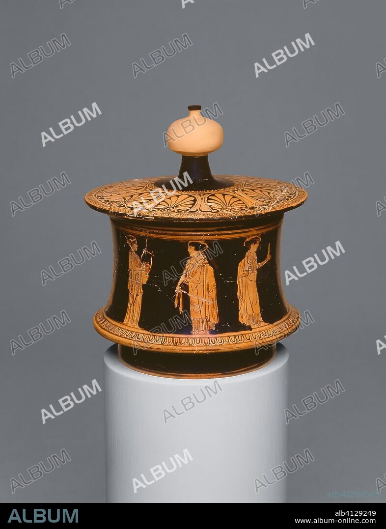 ANCIENT GREEK. Pyxis (Container for Personal Objects). Greek; Athens. Date: 430 BC-420 BC. Dimensions: H. 13.3 cm (5 1/4 in.); diam. 10.5 cm (4 1/8 in.). Terra-cotta, decorated in the red-figure technique. Origin: Athens.