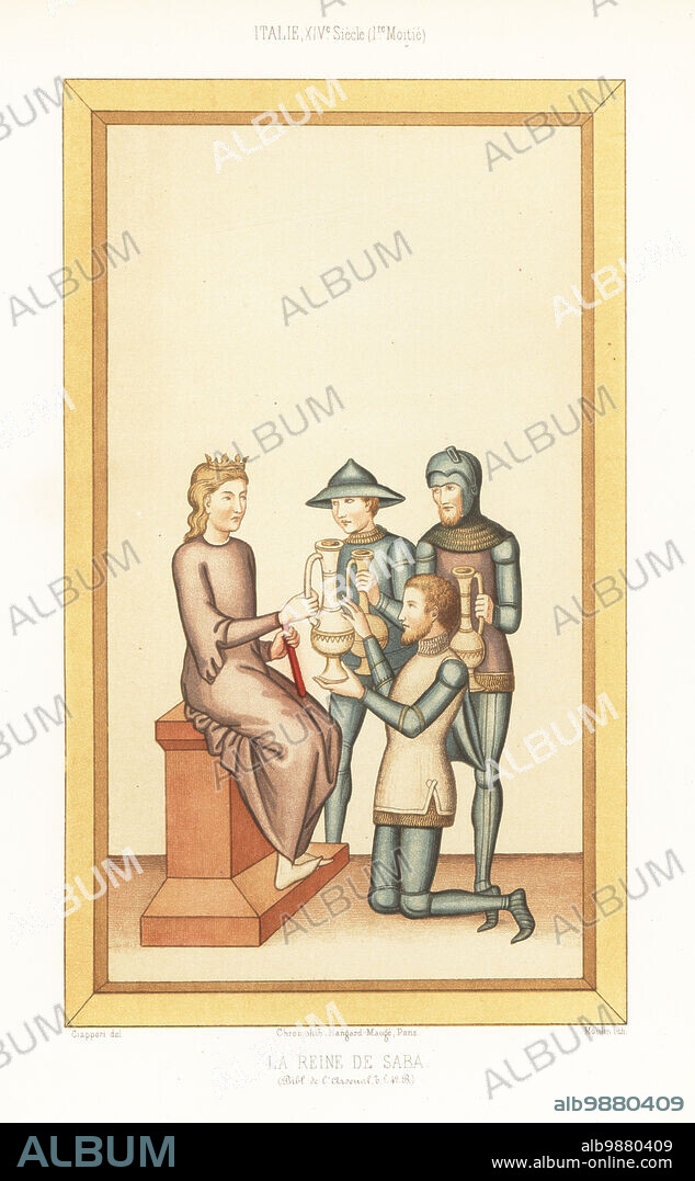The Queen of Sheba receiving gifts from King Solomon. Solomon and his knights in plate armour, tunic, vizor and kettle helmet in the Italian fashion, early 14th century. La Reine de Saba. From Italian MS T.L. 42 B, Bibliotheque de l'Arsenal. Italie XIVe Siecle. Chromolithograph by Moulin after an illustration by Claudius Joseph Ciappori from Charles Louandres Les Arts Somptuaires, The Sumptuary Arts, Hangard-Mauge, Paris, 1858.
