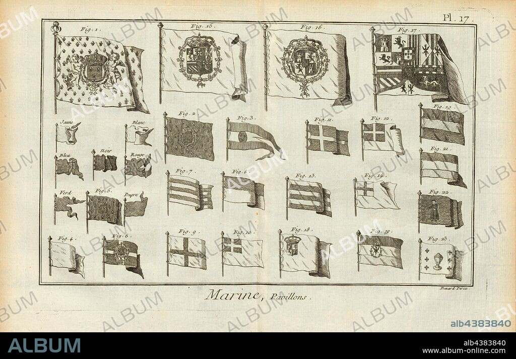 Marine, Pavilions 1, Flags, Signed: Benard Direx, pl. 17, after p. 14, Benard (dir.), 1778, Denis Diderot; M. d'Alembert: Encyclopédie, ou dictionnaire raisonné des sciences, des arts et des métierss, des arts et des métiers. Genève: chez Pellet, MDCCLXXVIII [1778].