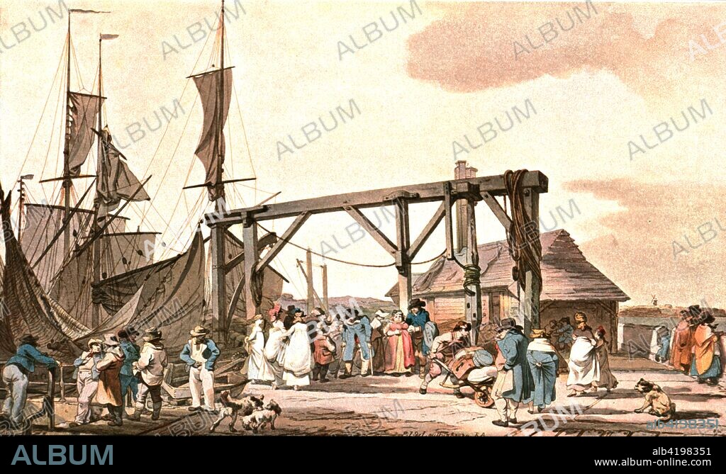 'Arrival of the Hoy at Margate', 1808, (c1900). Lively scene on the front at Margate in Kent, as the hoy (a type of boat) arrives. Print after a painting by Philip James De Loutherbourg. From English water-colour with reproductions of drawings by eminent painters, edited by Charles Holme, published by The Studio Library, [c1900].