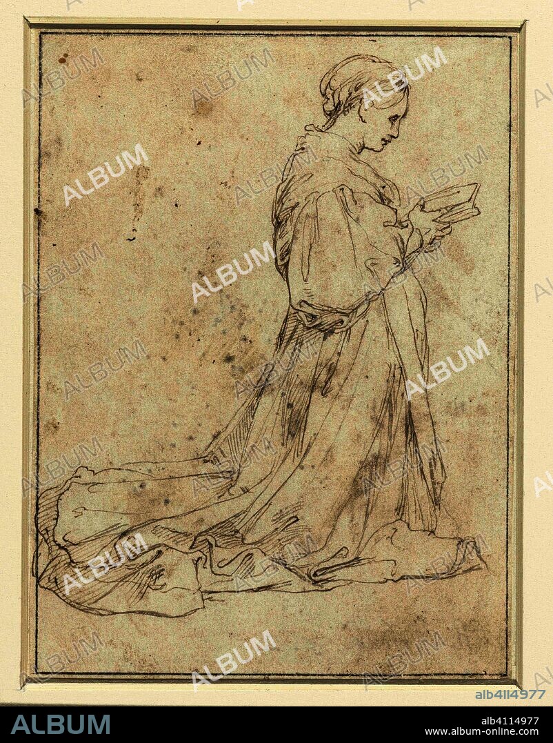 RAPHAEL. Woman kneeling to the right with a book in her hands. Artist: Rafaël. Draughtsman: anonymous. Dating: 1500 - 1620. Measurements: h 148 mm × w 109 mm.