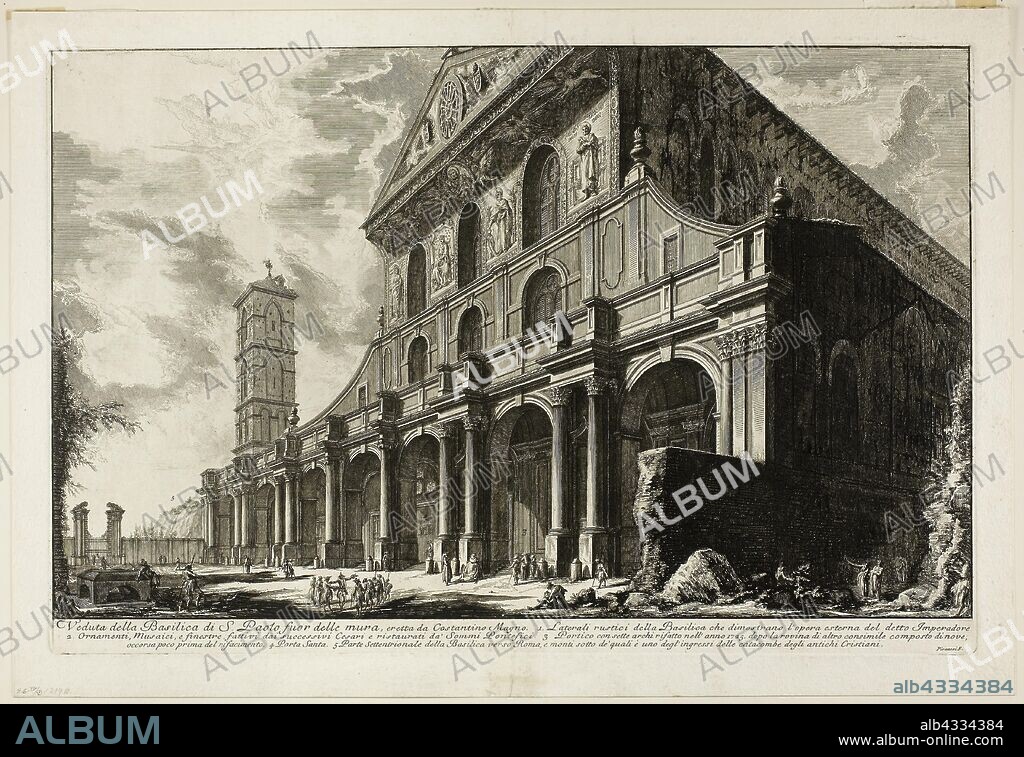 View of the Basilica of S. Paolo fuori delle Mura [St. Paul outside the Walls], built by Constantine the Great, from Views of Rome, 1750/59, Giovanni Battista Piranesi, Italian, 1720-1778, Italy, Etching on heavy ivory laid paper, 379 x 612 mm (image), 405 x 617 mm (plate), 458 x 665 mm (sheet).