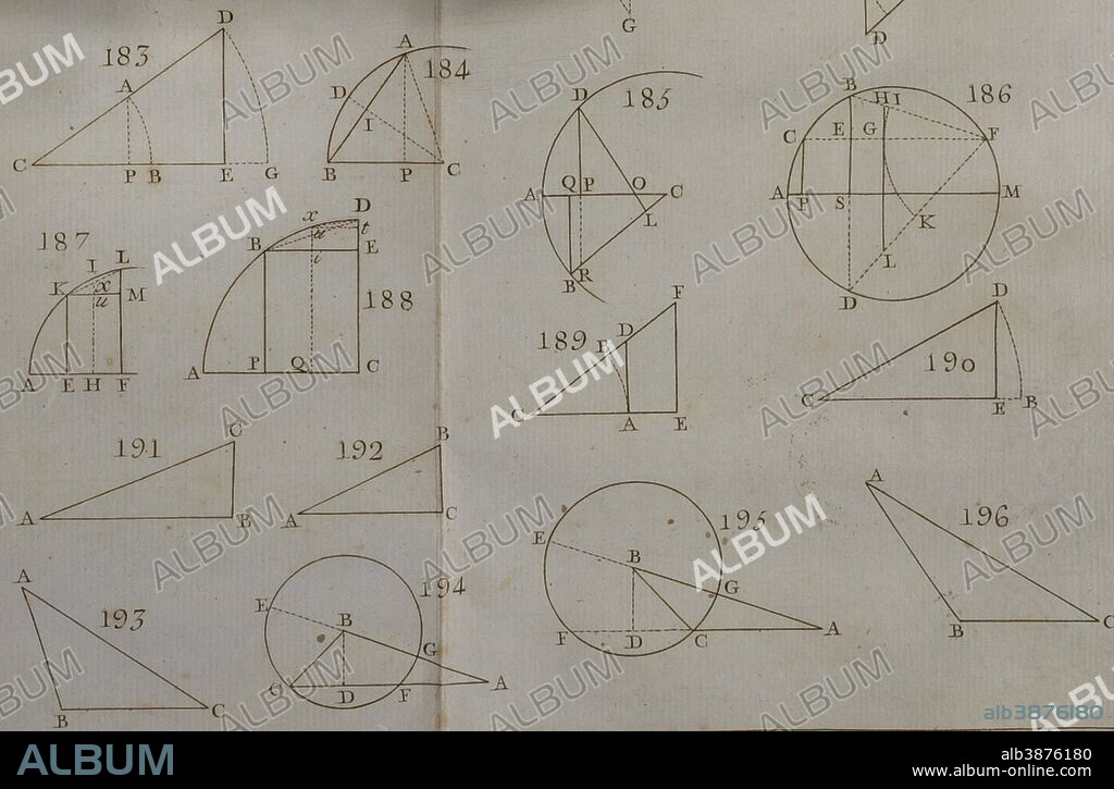 Elementos de Matemática. Obra del matemático español de la ilustración Benito Bails (1730-1797). Lámina con cálculos trigonométricos. Tomo I, que trata de elementos de aritmética, trigonometría y geometría. Madrid,1779. Biblioteca Histórico Militar de Barcelona. Cataluña, España.