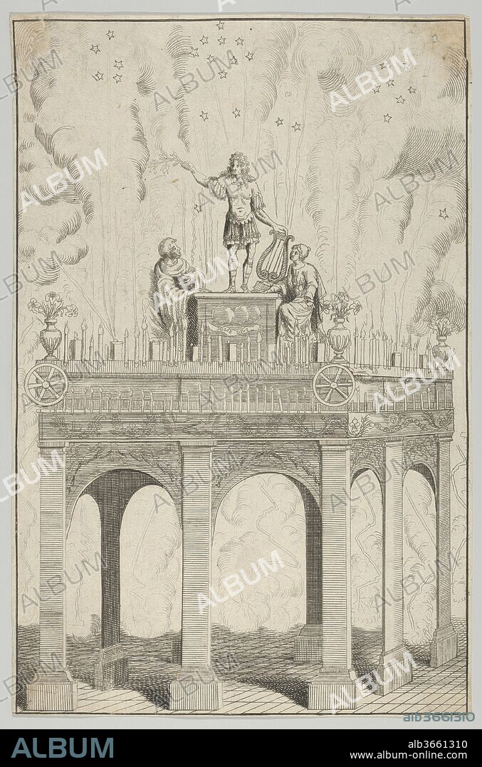 Triumphal arch with sculpture of Louis XIV as Apollo and fireworks in the background. Artist: Anonymous, French, 17th century. Dimensions: Sheet (Trimmed): 12 3/16 in. × 8 in. (31 × 20.3 cm). Date: 17th century.