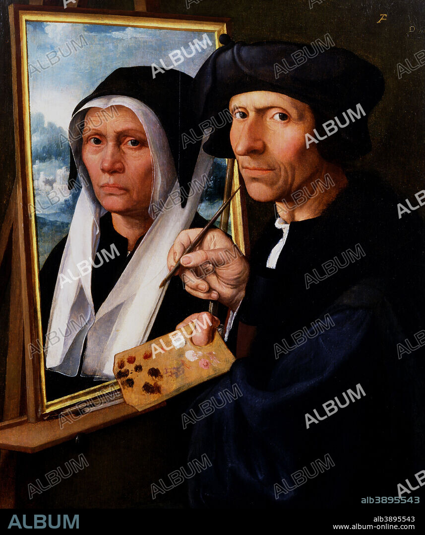 DIRCK JACOBSZ.. Jacob Cornelisz. van Oostsanen Painting a Portrait of His Wife. Date/Period: 1550. Painting. Oil on panel. Height: 621 mm (24.4 in); Width: 494 mm (19.4 in).