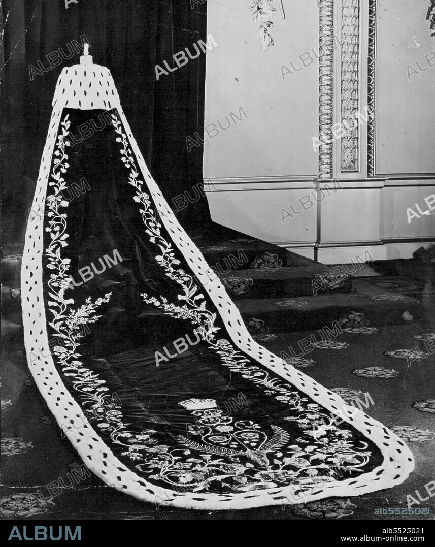 Robe Of State - The purple robe of state worn by the Queen Mother at her coronation in 1937. Elizabeth II has chosen this type of robe -- hanging from the shoulders and worn with a magnificent dress. The embroidery design will be different. December 3, 1952.